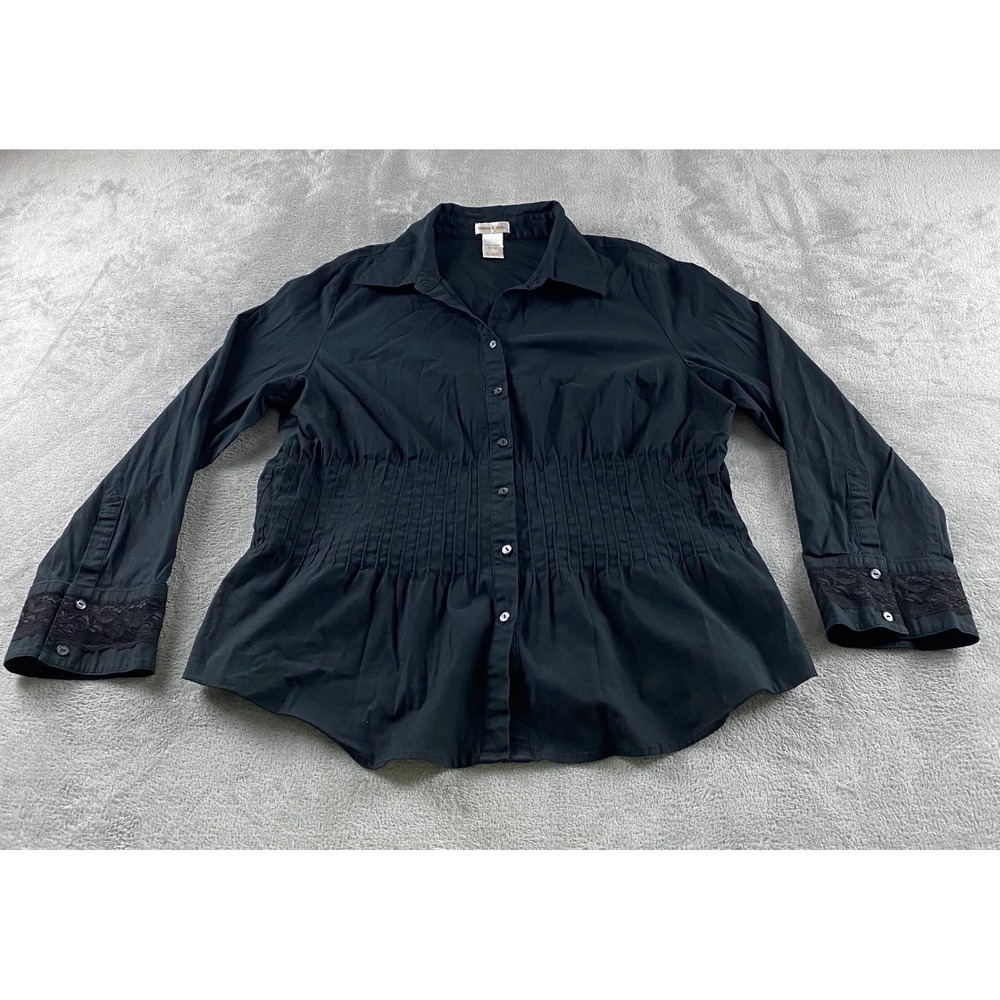 Monroe & Main Womens Black Smocked Waist Lace Cuff Button Down Blouse 18W